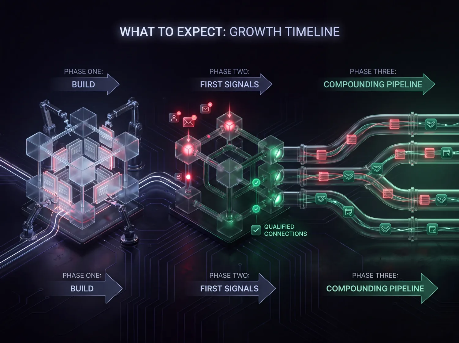 Three-phase growth timeline: build, first signals, compounding pipeline
